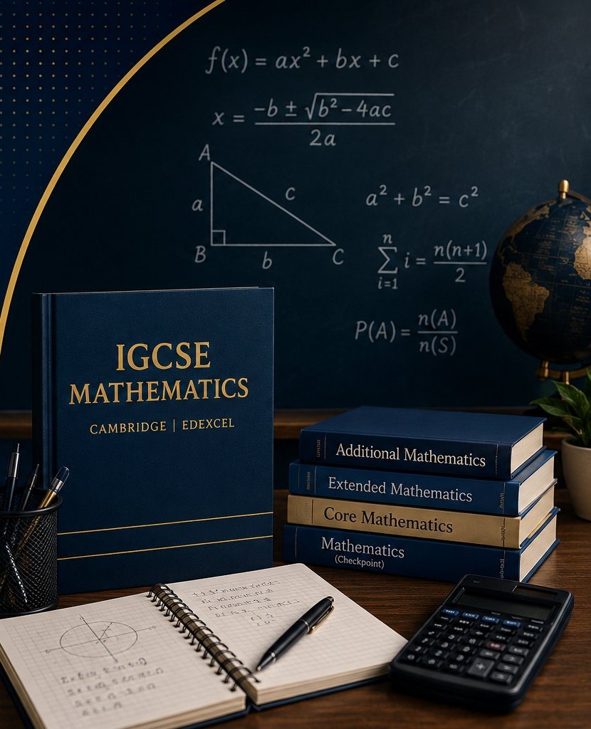 IGCSE Mathematics textbooks, chalkboard formulas and study desk